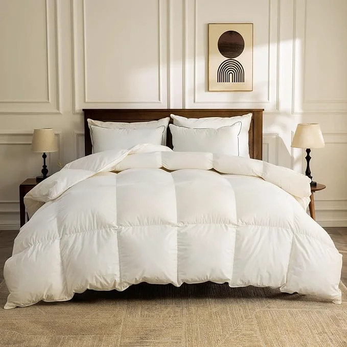 Top-Quality BPC Lightweight Organic Feather Down Comforter California King Hotel-Luxury Fluffy Duvet Insert with Cotton Cover and Puffy Feather Down Filling for Summer Hot Sleepers Ivory White 104x96 Inches Environmentally Friendly