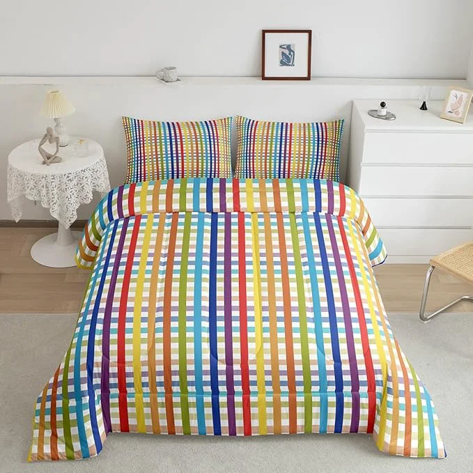 Secure Manfei Colorful Plaid Bedding Set Queen Size Buffalo Check Plaid Comforter Classic Gingham Pattern Comforter Set Cartoon Stripes Geometric Duvet Set 3Pcs Quilt Set 1 Comforter Set with 2 Pillowcase Exclusive