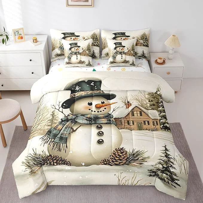 Long-Lasting Winter Farmhouse Style Comforter Set Bed in a Bag 7 Pieces King 3D Snowman Cartoon Pattern Boys Girls Bedding Set Merry Christmas Comforter Fitted Flat Sheet 2 Pillowcases 2 Throw Pillow Covers Genuine