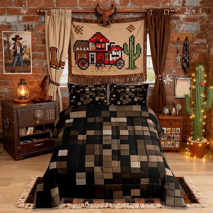 Artisan Pixel Grid Miners Kids Comforter Set Queen Size Video Games Plaid Lattice Bedding Set Girls Boys Room Decor Geometric Modern Check Quilt Comforter Brown Duvet Set Bedroom Quilt Set 2 Pillowcases Organic
