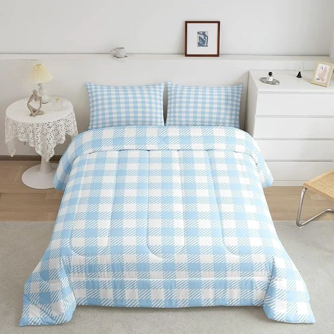 Official Manfei Blue Plaid Bedding Set Twin Size Buffalo Check Plaid Comforter Classic Gingham Pattern Comforter Set Blue White Scottish Duvet Set 2Pcs Quilt Set 1 Comforter Set with 1 Pillowcase Exceptional