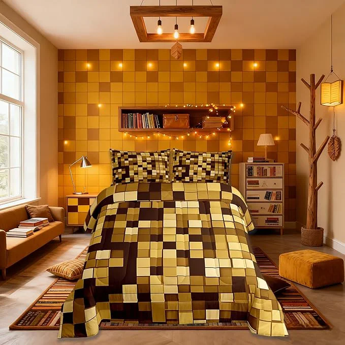 Recyclable Pixelated Miners GameComforter Set King Size Geometric Check Video Games Kids Bedding Set Gamepad Grid Modern Quilt Comforter Dark Yellow Duvet Insert 2 Pillowcases Carefully Designed