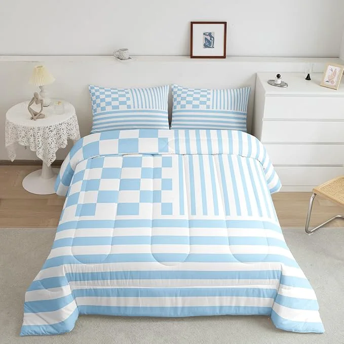 Detailed Blue Plaid Bedding Set Queen Size Fashion Buffalo Check Comforter Blue Stripes Geometric Comforter Set Modern Simple Style Duvet Set 3Pcs Quilt Set 1 Comforter Set with 2 Pillowcase Luxury