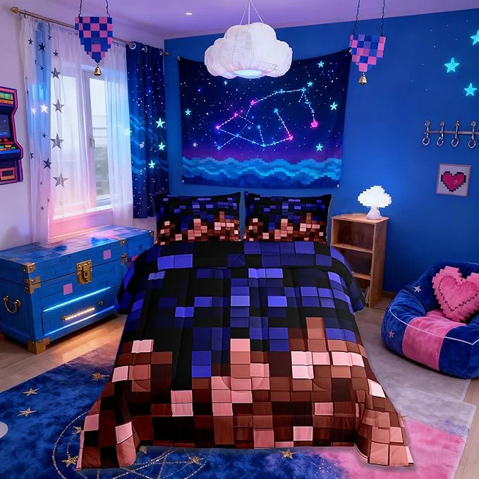 Optimized Pixelated Miners Game Kids Bedding Set Queen Size Geometric Check Video Games Comforter Set Gamepad Grid Gaming Quilt Comforter Blue Red Bedroom Duvet Insert 2 Pillowcases Unique