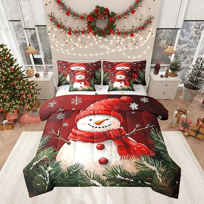 Selected Castle Fairy Snowman with Red Scarf 7 Pieces Bedding Set Twin Bed in a Bag Rustic Pine Leaves Botanical Plants Comforter Set Geometric Snowflakes Red Tie Dyed Soft Warm Microfiber Bedding Green