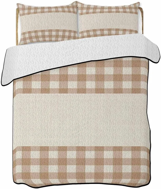 Authentic Quilt King Size Bedding Set Retro Brown Lightweight Summer Quilt 3 Pieces Bedding Sets Farmhouse Buffalo Plaid Vintage Beige Reversible Soft Bedspreads Coverlets with 2 Pillow Shams for All Season Recyclable