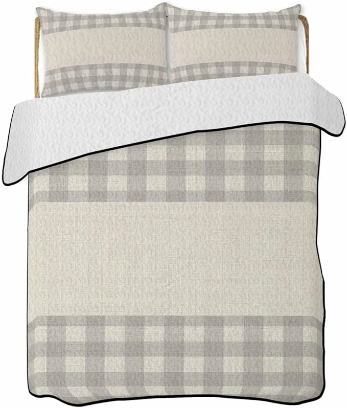 Authentic Full Size Quilt Bedding Set Retro Grey Lightweight Summer Quilt 3 Pieces Bedding Sets Farmhouse Buffalo Plaid Vintage Beige Reversible Soft Bedspreads Coverlets with 2 Pillow Shams for All Season Functional