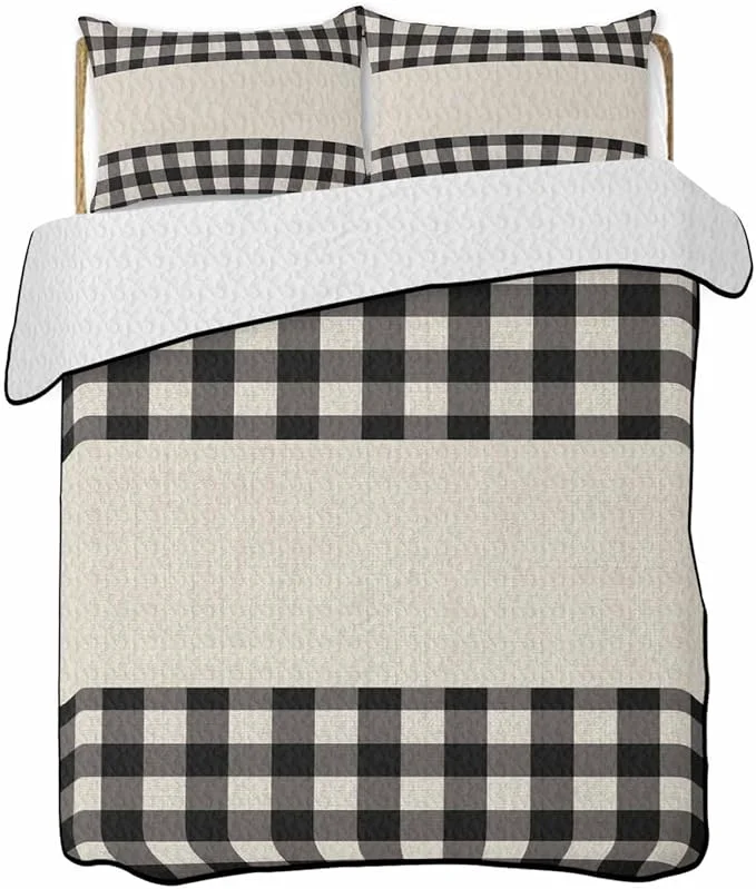 Minimalist Quilts Queen Size Bedding Set Retro Black Lightweight Summer Quilt 3 Pieces Bedding Sets Farmhouse Buffalo Plaid Vintage Beige Reversible Soft Bedspreads Coverlets with 2 Pillow Shams for All Season Comfortable