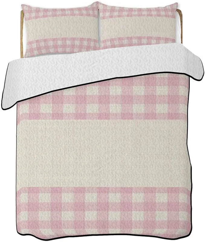 Eco-Friendly Twin Quilt Bedding Set Retro Pink Lightweight Summer Quilt 3 Pieces Bedding Sets Farmhouse Buffalo Plaid Vintage Beige Reversible Soft Bedspreads Coverlets with 2 Pillow Shams for All Season Solid