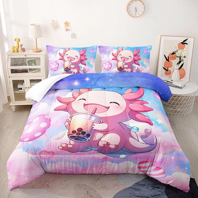 Environmentally Friendly Cute Salamander Comforter Set Queen Kwaii Axolotl Bedding Sets 3PCS for Kids Teen Adult Girl Room Decor Ultra-Soft Lightweight Microfiber 1 Comforter with 2 Pillowcases Stylish