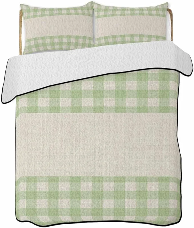 Elegant Quilt King Size Bedding Set Retro Green Lightweight Summer Quilt 3 Pieces Bedding Sets Farmhouse Buffalo Plaid Vintage Beige Reversible Soft Bedspreads Coverlets with 2 Pillow Shams for All Season Durable