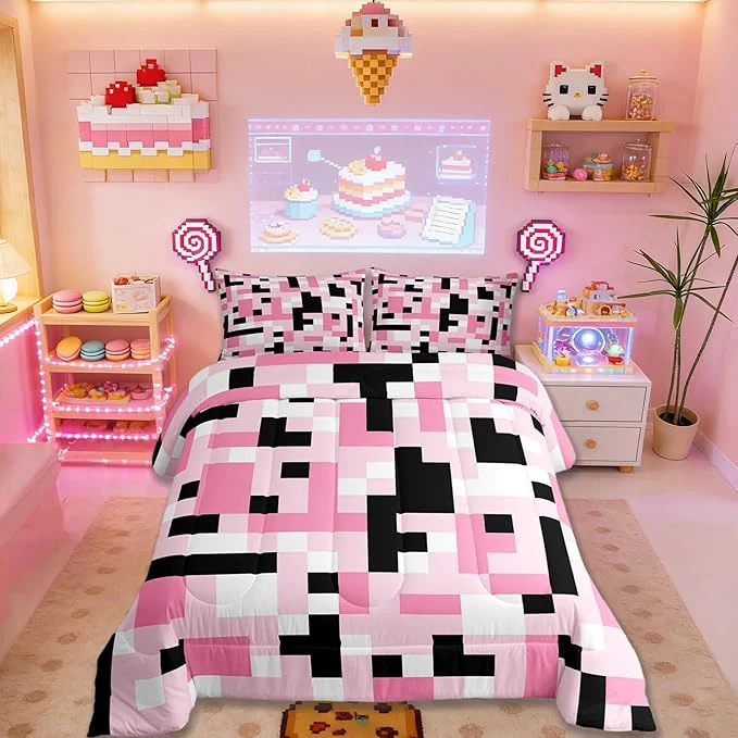Premium Pixelated Miners Kids Bedding Set Queen Size Video Games Game Gamepad Comforter Set，Geometric Grid Square Quilt Comforter Black Pink White Bedroom Duvet Insert 2 Pillowcases Trusted