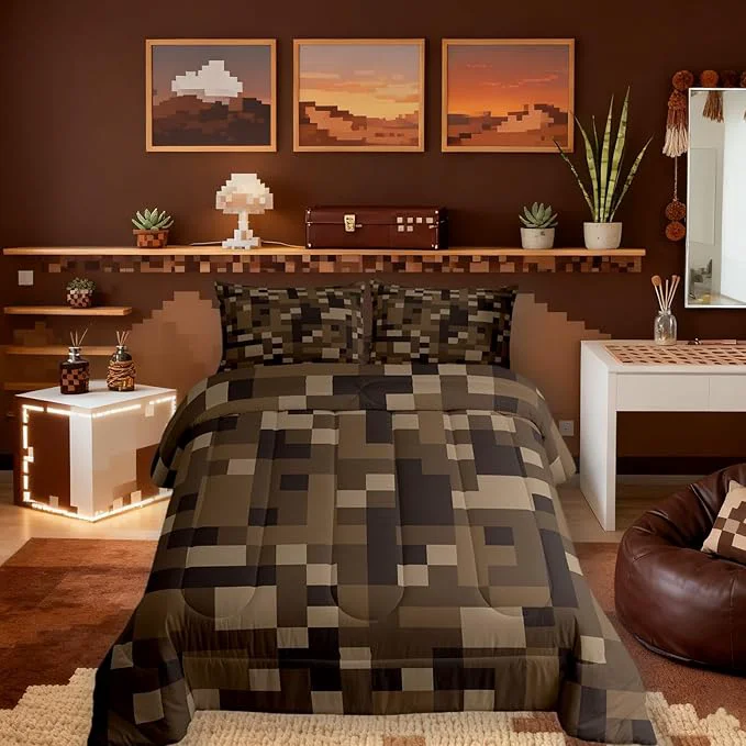 Recyclable Pixelated Kids Bedding Set King Size Grid Army Camo Pixel Games Comforter Set，Cartoon Gamepad Video Games Quilt Comforter Brown Bedroom Duvet Insert 2 Pillowcases Lightweight