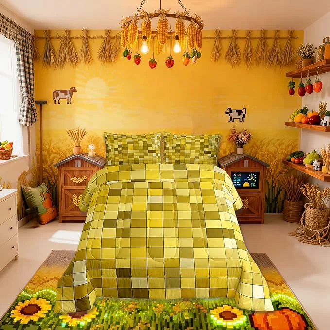 Premium Pixelated Miners Game Kids Bedding Set King Size Video Games Gamepad Gaming Comforter Set Geometric Square Quilt Comforter Yellow Bedroom Duvet Insert 2 Pillowcases Effective