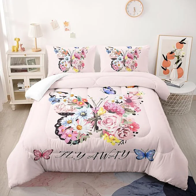 Innovative Pink Floral Butterfly Tower Comforter Set Queen Girl Butterfly Bedding Sets 3PCS for Kids Teen Adult Girl Room Decor Ultra-Soft Lightweight Microfiber 1 Comforter with 2 Pillowcases Exceptional