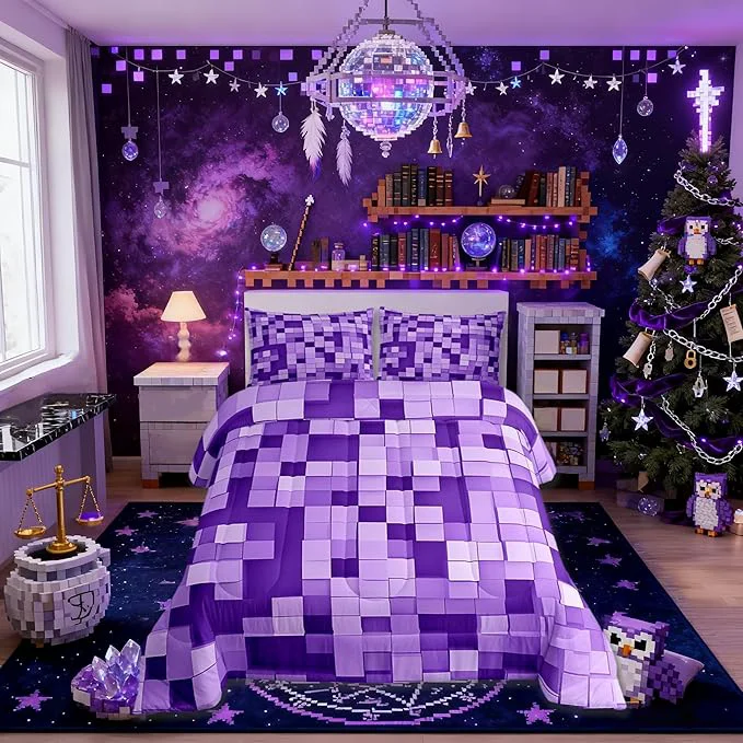 Pure Pixel Grid Miners Kids Bedding Set King Size Video Games Plaid Lattice Comforter Set Geometric Check Quilt Comforter Light Purple Bedroom Duvet Insert 2 Pillowcases Sophisticated