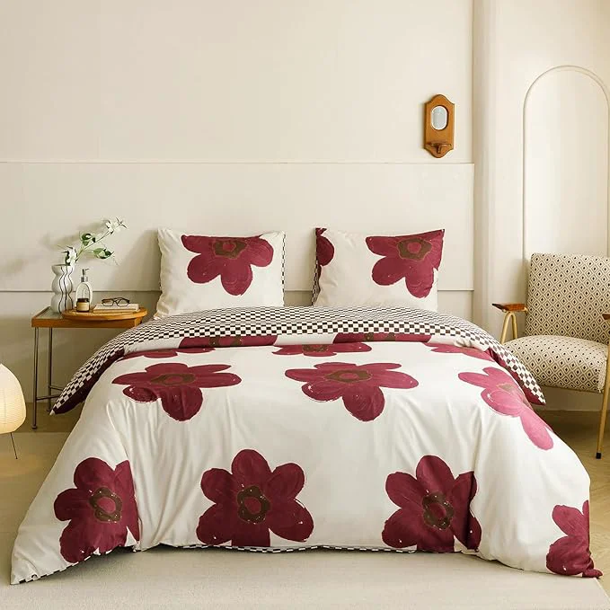 Authentic KAREVER Burgundy Floral Comforter Queen White with Burgundy Flower Bedding Set 3 PCs Comforter Set Queen Size Comforter 90x90 Inches with 2 Pillowcases 26x26 inches Functional