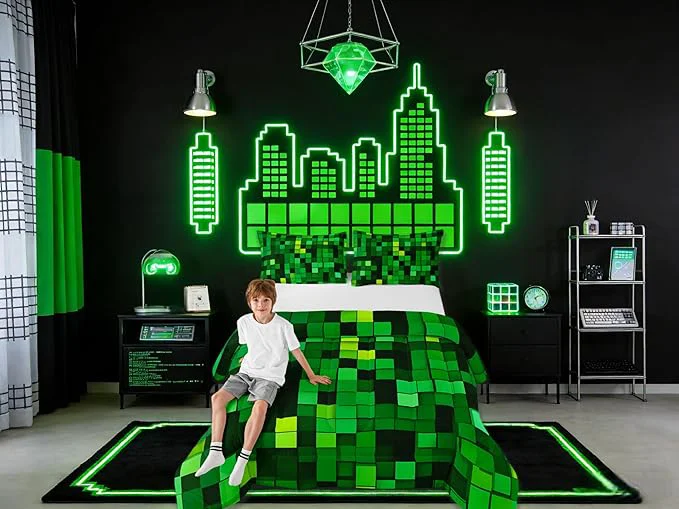Clean Pixelated Blocks Miners Comforter Set Full Size Video Games Game Gamepad Kids Bedding Set Geometric Grid Patchwork Quilt Comforter Green Duvet Insert 2 Pillowcases Exclusive