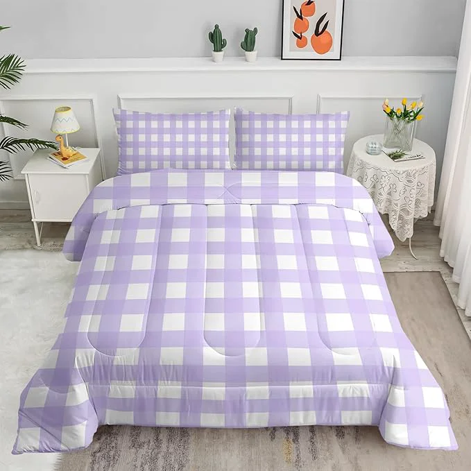 High-Quality Gingham Comforter Set for Girls Light Purple Kawaii Plaid Checkered Bedding Full Size Modern Geometric Bedding for Women Girls Kids Farmhouse Grid Bed Comforter Set 1 Quilt 2 Pillowcases Durable
