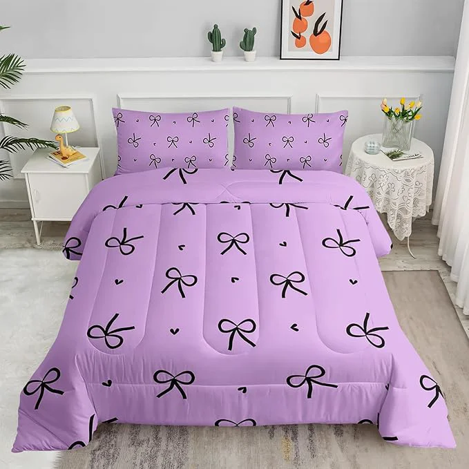 High-Quality 3 Pieces Purple Kawaii Bedding Set for Girls Black Bowknot Comforter Queen Size Cute Bow Tie Knot and Love Bedding for Women Girls Kids Romantic Princess Quilt Set 1 Comforter 2 Pillowcases Dependable