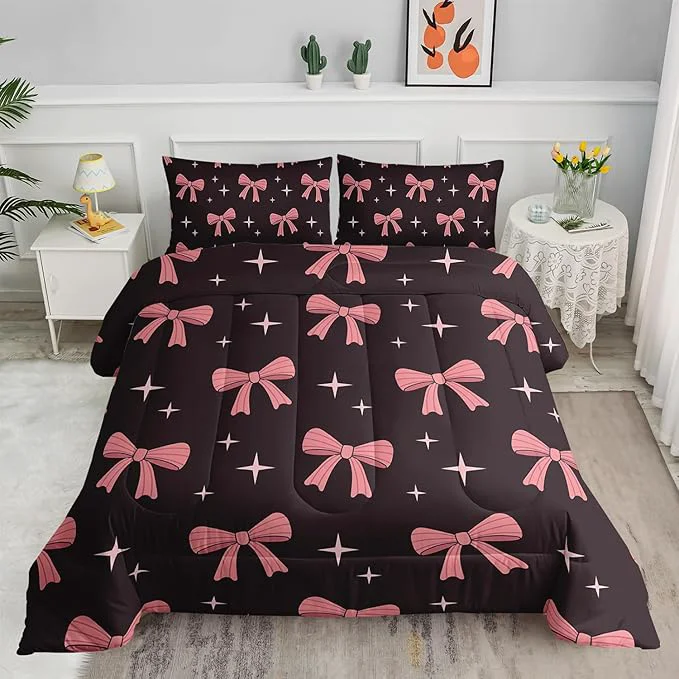 Artisan Pink Cute Bow Comforter Set for Girls Queen Size Pink Bowknot and Stars Comforter Colorful Bedding for Kids Boys Girls Girly Kawaii Princess Themed Quilt Set 1 Comforter 2 Pillowcases Smart
