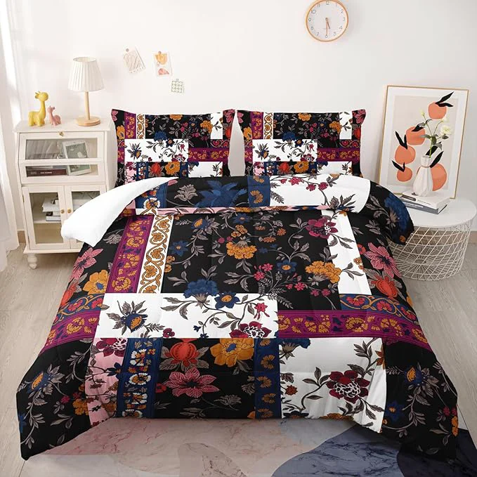 Solid Boho Floral Comforter Set King Size Checkered Flower Bedding Sets 3PCS for Kids Teen Adult Retro Flowers Room Decor Ultra-Soft Lightweight Microfiber 1 Comforter with 2 Pillowcases Comfortable