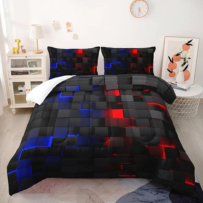 Powerful Red and Blue Checkered Comforter Set Full Honeycomb Bedding Sets 3PCS for Kids Teen Adult Boy Room Decor Ultra-Soft Lightweight Microfiber 1 Comforter with 2 Pillowcases Casual