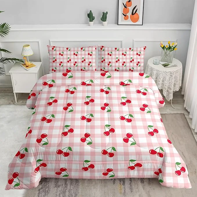 Stylish Red Cherry Gingham Bedding Full Size Cute Cherry Fruit Comforter Set for Kids Girls Women 3Pcs Pink Grid with Summer Fruit Bedding for Girls Kawaii Plaid Quilt 1 Comforter 2 Pillowcases Durable
