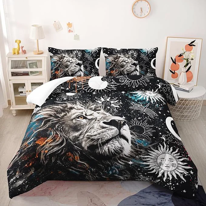 Sustainable Galaxy Lion Comforter Set Queen Sun and Moon Bedding Sets 3PCS for Kids Teen Adult Room Decor Ultra-Soft Lightweight Microfiber 1 Comforter with 2 Pillowcases Durable