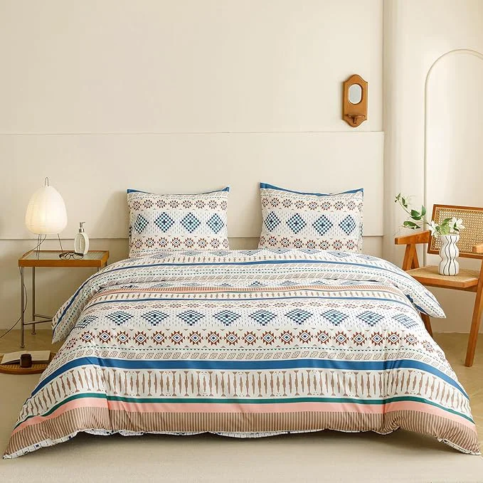 Stylish KAREVER Boho Comforter Queen Aztec Bedding Set Southwest Theme 3 PCs Bohemian Comforter Set Blue White Queen Size Comforter 90x90 Inches with 2 Pillowcases 26x26 inches User-Friendly