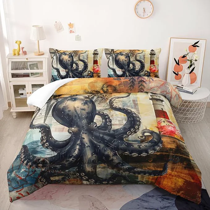 Breathable Octopus Comforter Set Full Port Lighthouse Bedding Sets 3PCS for Kids Teen Adult Ocean Room Decor Ultra-Soft Lightweight Microfiber 1 Comforter with 2 Pillowcases Elegant