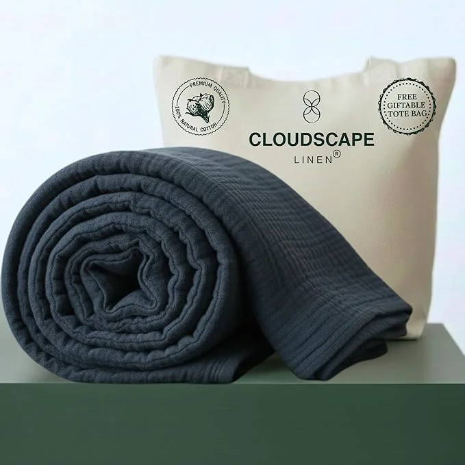 Powerful CLOUDSCAPE Cotton 4 Layer Muslin Blanket Queen Size Oversized 92x92 Fits Upto Full Size Bed Soft Breathable Lightweight Layering Summer Blanket for Adults Spring Gift Idea - Ensign Blue Elegant