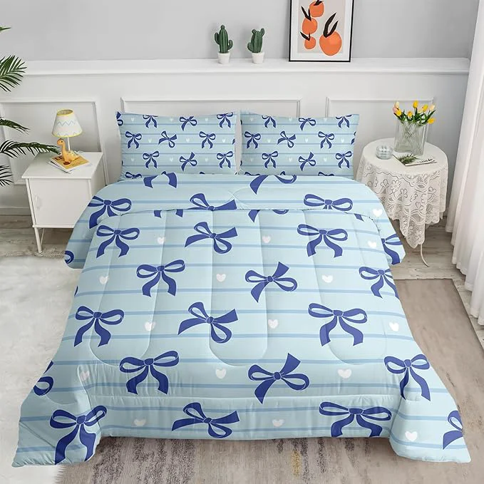 Artisan 3Pcs Bow Bedding for Girls Blue Bowknot and White Love Heart Printed Bedding Set Twin Size Blue Striped Comforter for Teens Boys Girls Kawaii Cartoon Comforter Set 1 Quilt 2 Pillowshams Soft