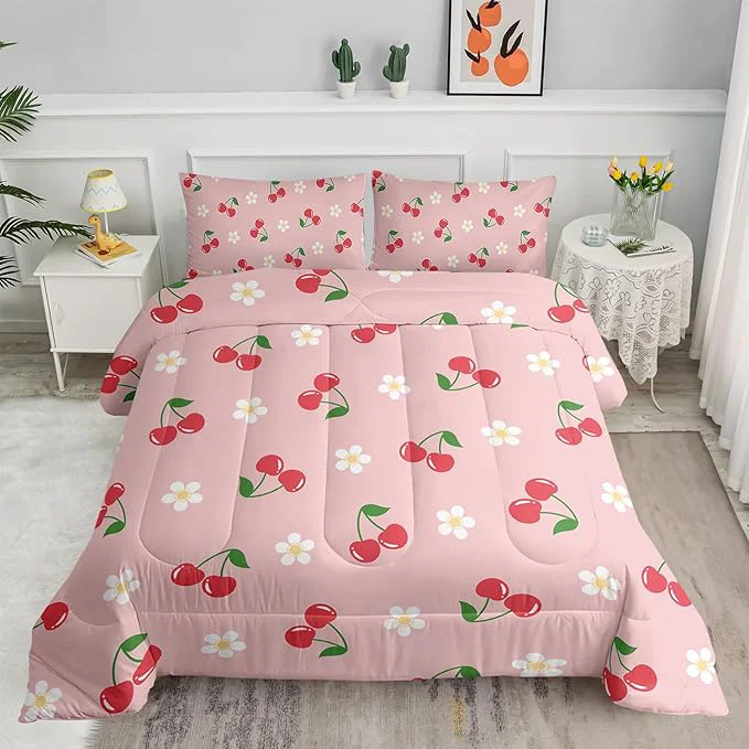 Dependable Pink Kawaii Bedding Set for Girls 3Pcs Cute Cartoon Fruit Printed Bedding Queen Size Cherries and Flowers Comforter for Kids Girls Women Lovely Pink Floral Comforter Set 1 Quilt 2 Pillowcases Official