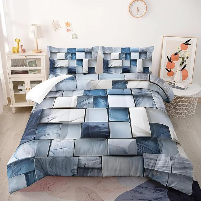 Elite Blue Gray Checkered Comforter Set Queen 3D Grid Bedding Sets 3PCS for Kids Teen Adult Boy Room Decor Ultra-Soft Lightweight Microfiber 1 Comforter with 2 Pillowcases Contemporary