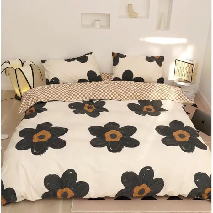 Optimized TRP 3-Piece Soft Durable Double Brushed Microfiber Floral Comforter Set Twin Size Reversible Gingham Pattern Botanical Motifs Cute Bedding Cream Black Brown Colors Smooth Texture Cozy Plush Feel Eco-Friendly