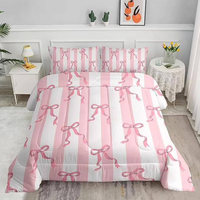 Soft Pink Bowknot Girls Comforter Set Full Size Kawaii Cartoon Geometric Bedding for Kids Girls Bedroom Room Decor 3Pcs Bow Pink Striped Princess Romantic Comforter Set 1 Quilt 2 Pillowshams Detailed
