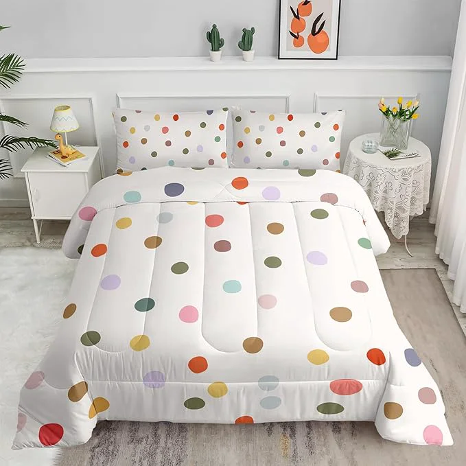 Luxury Colorful Polka Dots Comforter Set for Girls Girly Kawaii Cartoon Bedding King Size Multicolor Circles and White Comforter for Girls Women Modern Geometry Bedding Set 1 Quilt 2 Pillowshams Superior