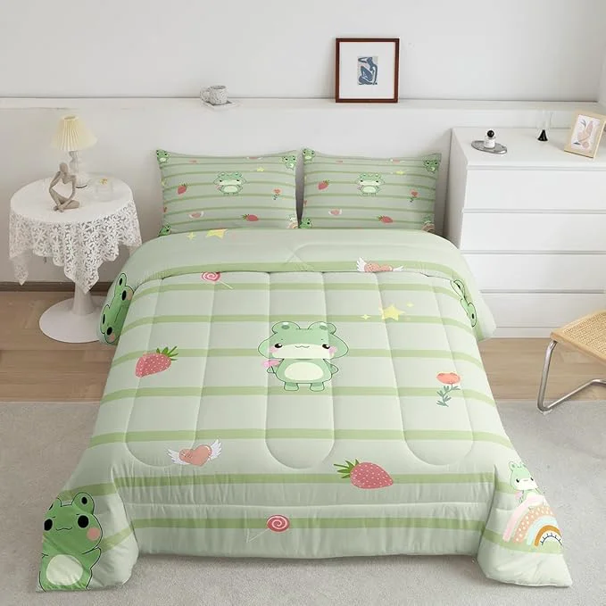Smart Castle Fairy Cute Frog Boys Girls Comforter Set Full Size Pink Strawberry Sweet Fruits Duvet Sets Teens Bedroom Decor Light Green Frogs Stripes Brushed Soft Bedding Comforter Casual