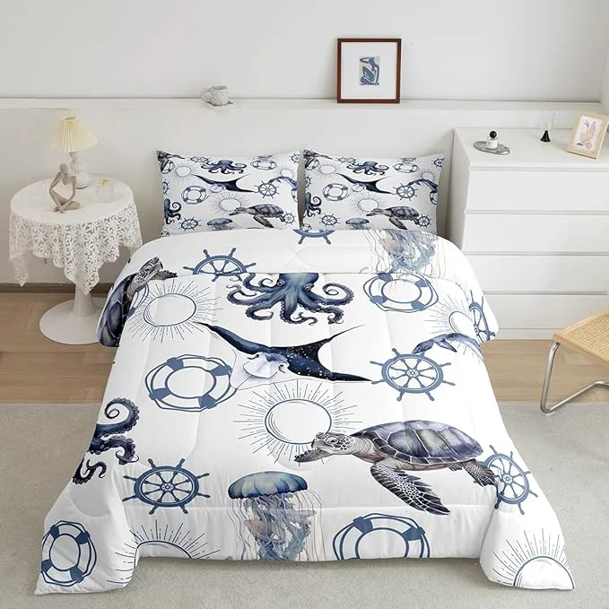 Artisan Castle Fairy Sea Turtle Comforter Set King Octopus Jellyfish Ocean Life Bedding Set for Boys Girls Teens Bedroom Decor Nautical Style Sea Animals Quilt Set Super Soft Duvet Set Gift for Her Him Original