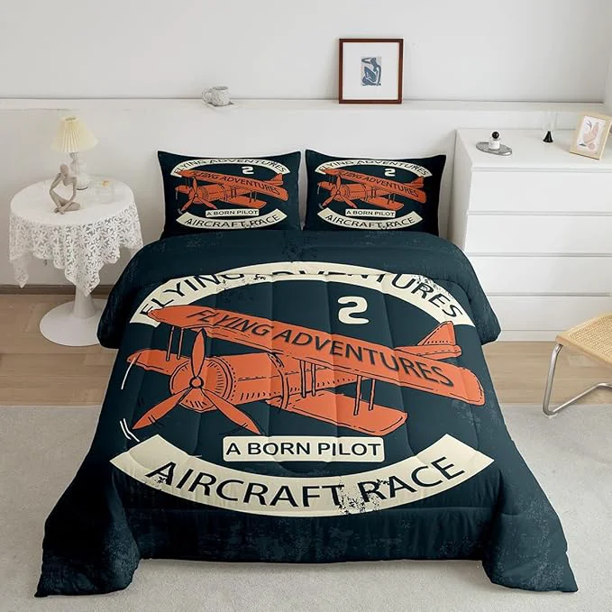 Detailed Retro Aircraft Twin Size Down Comforter Set Vintage Airplane Orange Painting Duvet Quilt Set Soft Bed Collection Flying Adventure Helicopter Bedding Comforter for Boys Girls Bedroom 2 Pcs Proven