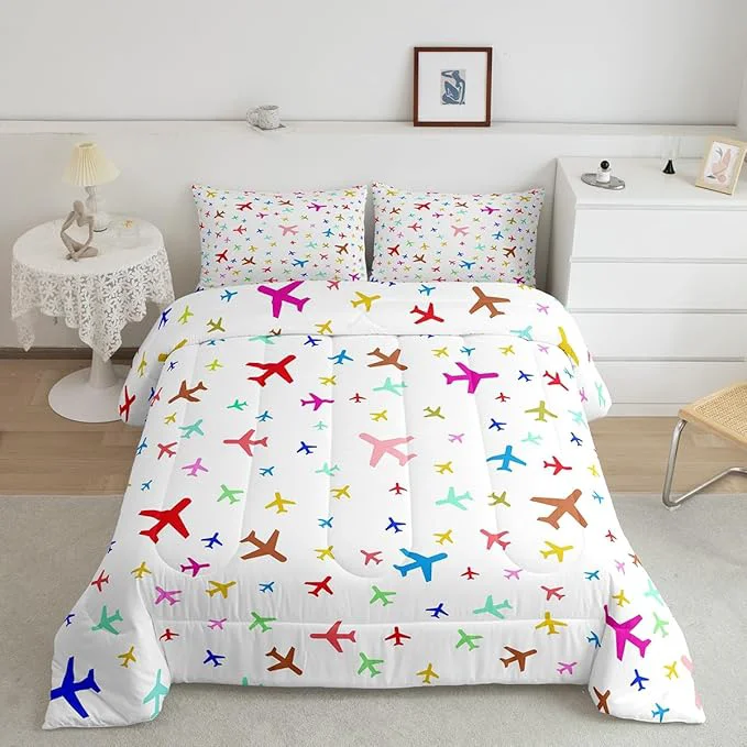 Pure Castle Fairy Kids Aircraft Bedding Set for Boys Girls Watercolor Transportation Vehicles All Season Cozy Comforter Set Full Size Boys Airplanes Colorful Duvet Set Bedroom Décor Gift for Kids Breathable