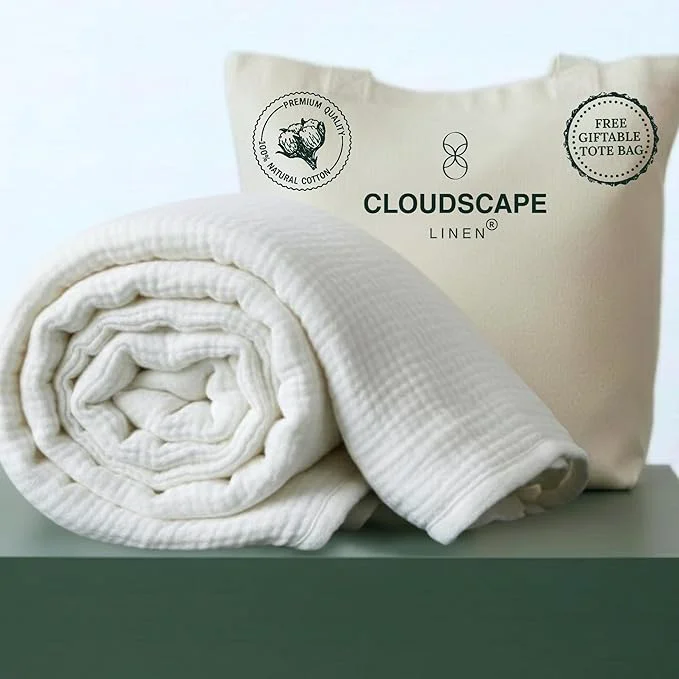 Professional CLOUDSCAPE Cotton Muslin Blanket Twin Size 4 Layer Oversized 68x92 Fits Twin XL Bed Soft Breathable Lightweight Summer Blanket for Adults Spring Gift for All Season - White Relaxed