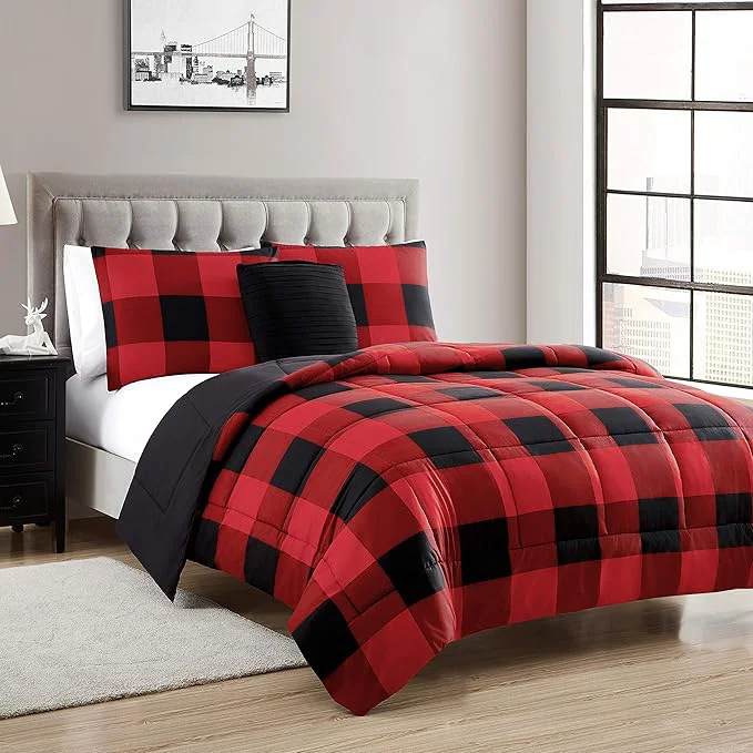Fashionable Sweet Home Collection Comforter Set 4 Piece Buffalo Check Plaid Design Soft and Luxurious All Season Warmth Down Reversible to Solid Color King Burgundy Pack of 3 Selected