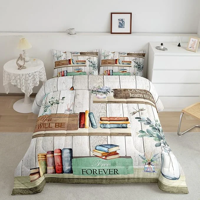 Minimalist Watercolor Books Comforter Set King Reading Time Girls Women Bedding Set for Boys Girls Teens Bedroom Decor Rustic Farmhouse Style Floral Leaves Quilt Set Super Soft Duvet Set Gift for Her Him User-Friendly