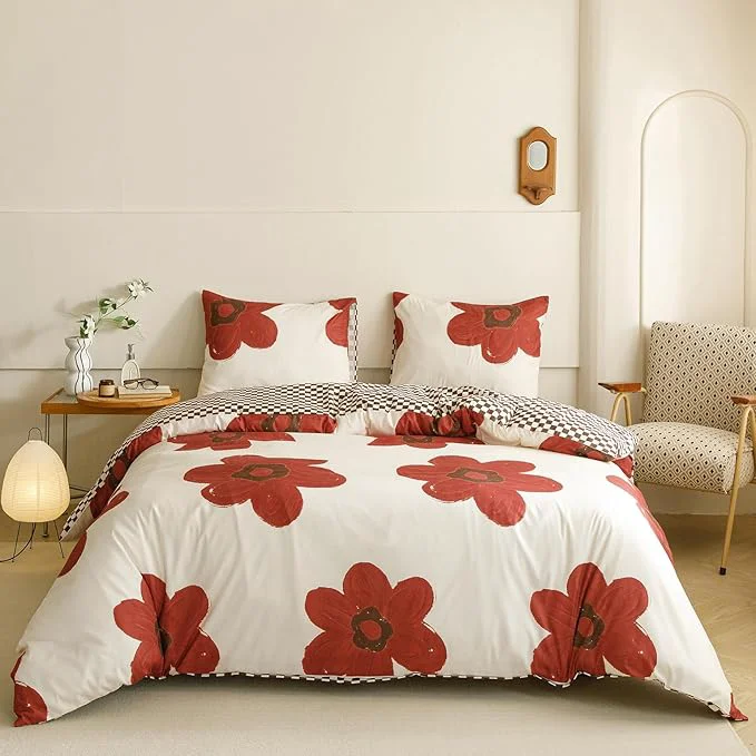 Exclusive KAREVER Red Floral Comforter King White with Red Flower Bedding Set 3 PCs Comforter Set King Size Comforter 104x90 Inches with 2 Pillowcases 26x36 inches Quality