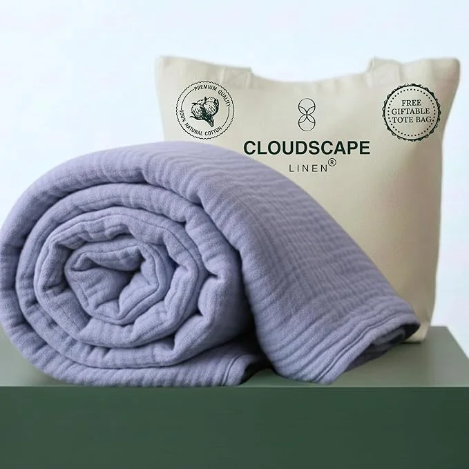 Optimized CLOUDSCAPE Cotton 4 Layer Muslin Blanket Queen Size Oversized 92x92 Fits Upto Full Size Bed Soft Breathable Lightweight Layering Summer Blanket for Adults Spring Gift Idea- Lavender Blue Detailed
