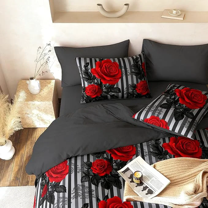 Flexible Black Floral Comforter Set Twin Size - Red Rose Pattern Soft Fluffy Black Grey Stripe Bedding Set for Girls Bedroom Decor - 2Piece Microfiber with 1 Pillowcases Sustainable