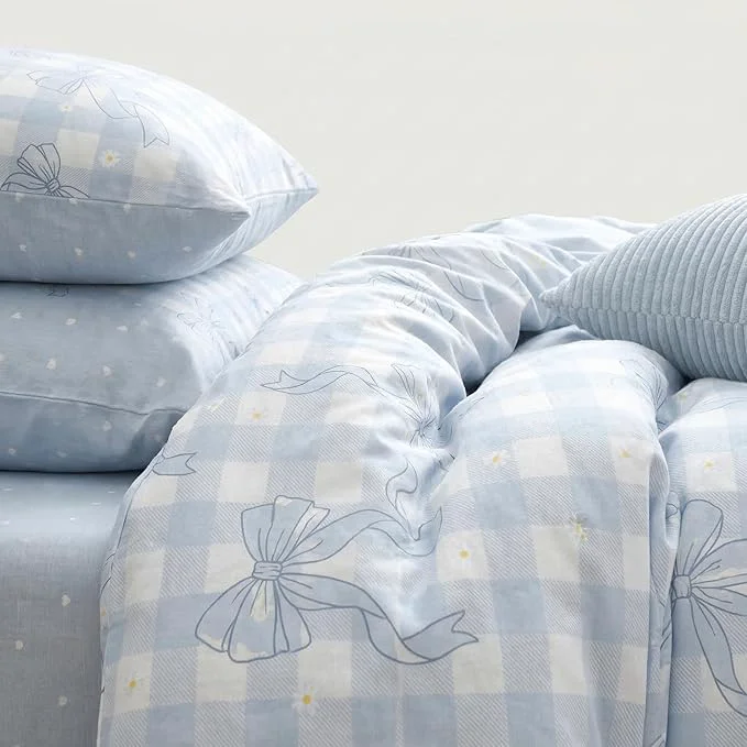 Proven Blue Plaid Bow Comforter Set Twin Size 2 Pcs Checkered Gingham Bedding Set Love Heart Reversible Comforter with 1 Pillowcase 68 quot x86 quot Innovative