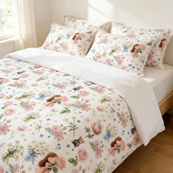 Healthy Kids Pink Floral Bed in A Bag Full for Girls 5Pcs Pink Priness Bedding for Kids Kawaii Bedroom Decor Cute Girly Rabbit Bear Comforter Set with 2 Pillowcases 79 quot x90 quot Casual